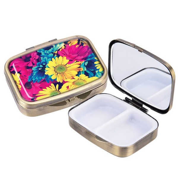 WIRESTER Rectangle Pill Box, 2 Compartment Retro Pill Case with Mirror, Medicine Tablet Vitamin Holder for Pocket Purse Travel - Vintage Retro Colorful Daisy Flowers