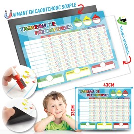 Kids Reward Board - 3 Felt Tip Pens + Brush - Magnetic Board for Motivation for Good Behaviour with Stains in French - Boys and Girls