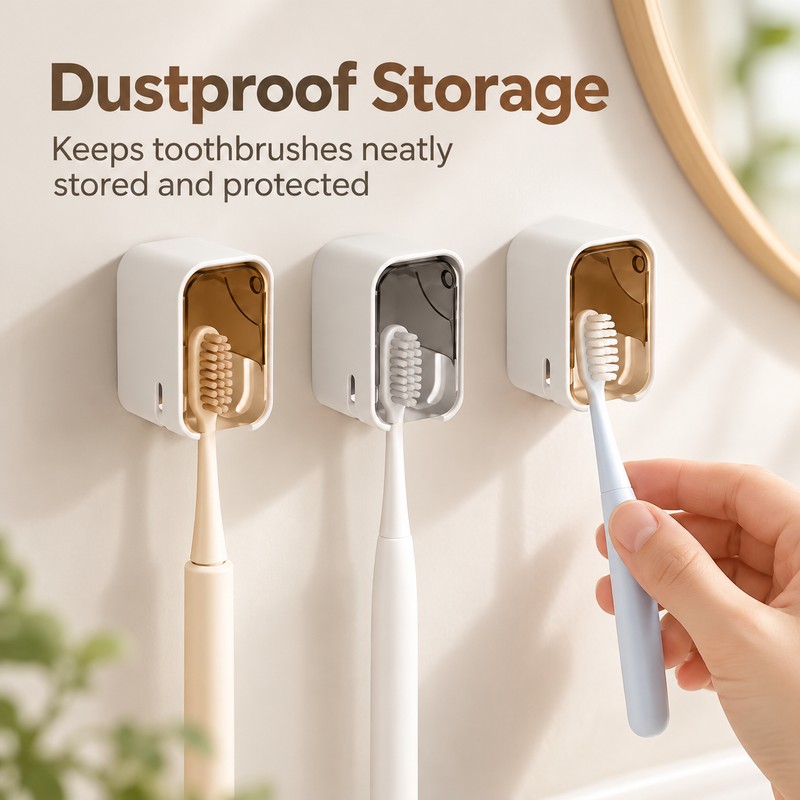 Wall-Mounted Toothbrush Holder for Bathroom Organization – Drill-Free, Dustproof Storage