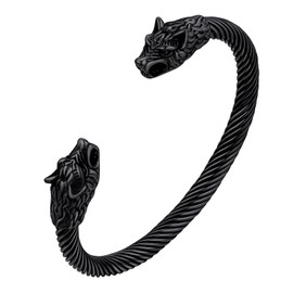 FaithHeart Viking Wolf Bangles, Stainless Steel Norse Mythology Cuff Bracelets Black Plated Wolf Head Wristband Talisman Amulet Jewellery, Punk Biker Bracelets for Friends Couples