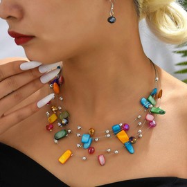 Long Necklace for Women Statement Boho Necklace Earrings Necklace for Women Trendy Chunky Necklace for Women Girls (Colorful)
