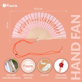 Fisura Never ending summer Wooden Fan Colourful Modern Pink Orange Design Portable Handheld Fan with Hanger Measures 42.5cm x 23cm