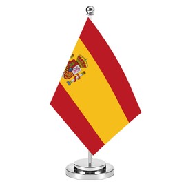 Spain Miniature Desk Flag Set,8x5 Inch Spanish Small Flag With 12 Inch Bright Silver Flagpole, Deluxe Decorations For House Office Meeting Table