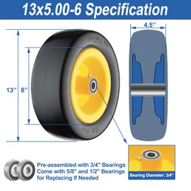 13x5.00-6 Flat Free Tire and Wheel Zero Turn Mower Front Tires with 3/4", 5/8" and 1/2" Bearings, 4.2"-7.3" Centered Hub, Compatible with Lawn Mower Garden Tractor by Cubesprings - 2Pack