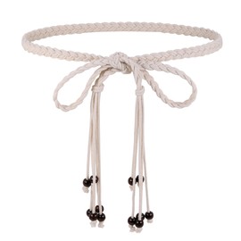 Ayliss Women's Tassel Braided Waist Belt Tie Skinny Woven Belt for Dress Waist Belt Rope Chain with Woven Wooden Beads (Beige)