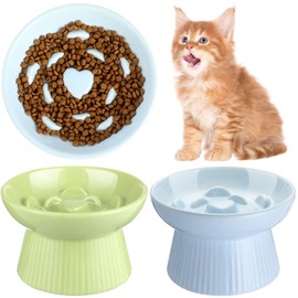 Tioncy 2 Pcs Ceramic Slow Feeder Raised Cat Bowl Cat Food Bowl Elevated Cat Bowls Dry Wet Food and Water Bowl Easy to Clean Pet Bowls High Edge for Cats Small Dogs, Dishwasher Safe (Green, Blue)