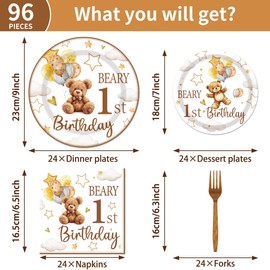 Beary First Birthday Decorations Tableware - 96Pcs Beary 1st Birthday Disposable Plates Napkins Forks Bear One Year Theme Party Supplies Serve 24 Guests