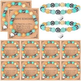 Landical 12 Pieces Inspirational Natural Stone Gifts Sweet Heart Beaded Bracelets with Cards Gifts (Green,Inspirational)