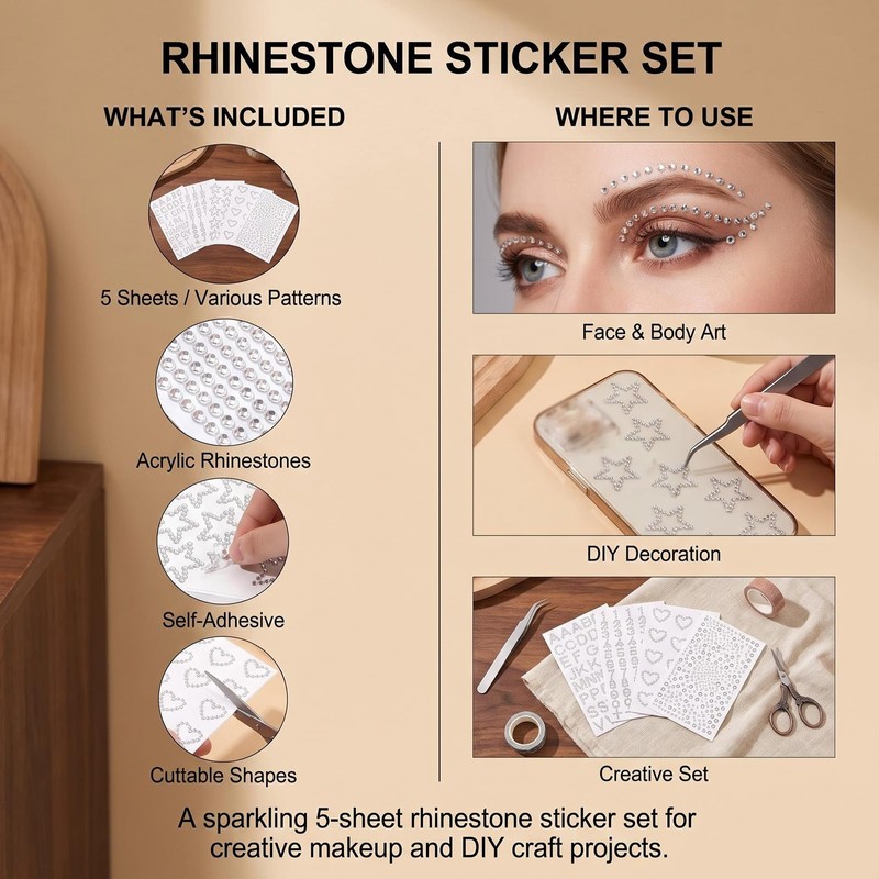 ECHO‑OVE 5 Sheets Hair Body Face Gems Rhinestone Stickers