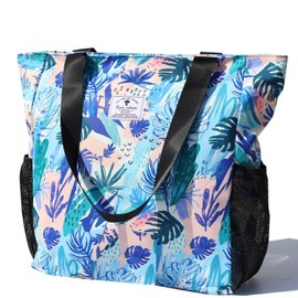 ESVAN Original Floral Waterproof Large Tote Bag for Gym Beach Travel Daily, Blue Floral Leaf