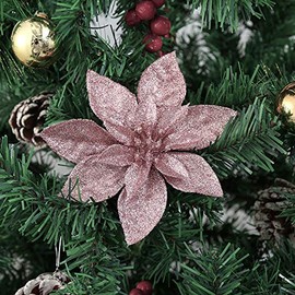 Yueshop 10 Pcs Glitter Christmas Flowers with Artificial Poinsettia Flower Christmas Tree Flower Decorations Xmas Tree Ornaments (Rose Gold, 15CM)