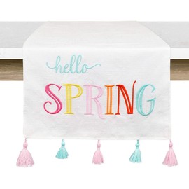 Decorae Spring Table Runner, Hello Spring Easter and Seasonal Fabric Table Decor 71 x 13 Inches