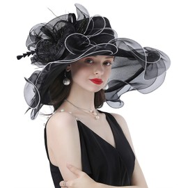 Z&X Women's Organza Church Derby Fascinator Wedding Tea Party Hat Organza Flower Wide Brim Sun Hat Black