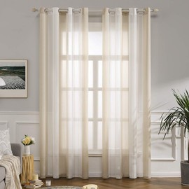 MIULEE Transparent Short Voile Curtains, Striped Curtains with Eyelets, Tab-Top Semi-Transparent Window Drapes for Living Room, Bedroom, Set of 2, 140 x 145 cm, White and Beige