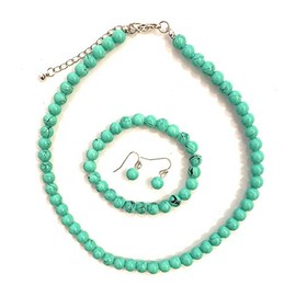 Caprilite Turquoise Green Classic Faux Pearl Necklace Earrings & Bracelet Jewellery Set Vintage
