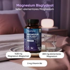 Magnesium Bisglycinate Capsules - 1422 mg Magnesium Bisglycinate with Vitamin B6-200 mg Element Magnesium - Glycinate Form - 180 Vegan Capsules - 3 Months Supply - Free from Magnesium Stearate - WeightWorld