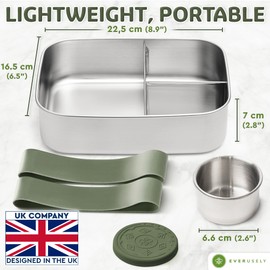 Everusely - Bento Box - Sage, 60oz / 1.8 L - Stainless Steel Lunch Box with Leakproof Condiment Container - 3 Compartment Snack Container Office Meals - Freezer & Dishwasher Safe