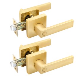 EHOMEWARE 2 Pack Gold Door Handles, Privacy Door Levers Bed and Bath Leverset Lockset, Satin Brass Finish, Universal Handing with Square Door Knobs