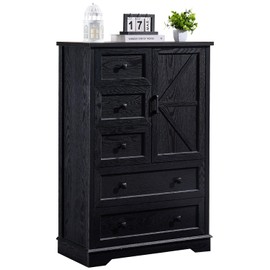 SOOWERY Black Dresser for Bedroom, Farmhouse Dresser with 5 Wood Drawers and Double Storage Cabinet, 48 Inches Tall Chest of Drawers for Living Room, Hallway