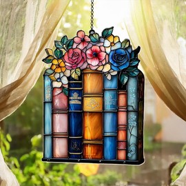 Bookshelf Acrylic Suncatcher Window Hanging Floral Decor Colorful Book Lover Gift Garden Sun Catcher Panel Home Decor
