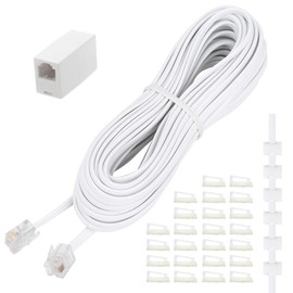 Uvital Phone Extension Cord 33Ft(10m), Telephone Cable with Standard RJ11 Plug and 1 in-Line Couplers and 20 Cable Clip Holders, White