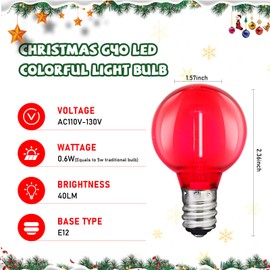 25 Pack G40 LED Christmas Replacement Light Bulbs, Shatterproof 0.6W Multicolor LED Globe Bulbs, Christmas String Lights for Outdoor Indoor Decor, E12 / C7 Screw Base Sockets- Clear Multicolor