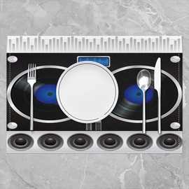 Vintage Disc Table Place Mats, 45x30cm Placemats Set of 4 Soft Record Blue Grey Placemat for Kitchen Dining Table Indoor Outdoor Musical Instruments Decorative