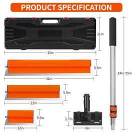 Drywall Skimming Blade Set, 12"+22"+32" Blades + Adjustable 24"-55" Aluminum handle，Stainless Steel Construction Knife Drywall Smoothing Knockdown Knife on Walls, and Plaster Surfaces