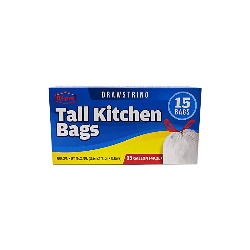 Ri-pac Tall Kitchen Trash Bags with Drawstring 13 Gallon 15