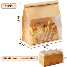 Heavy Duty Large Paper Bread Bags with Tin Tie Tab Lock 50pcs, Loaf Bag with Clear Front Window, Storage Packaging Treat Bag for Bakery Cafe Homemade Bread 10.6” × 4.3” × 8.7”