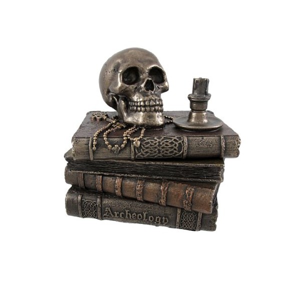 Veronese Design Bronze Wizard`s Study Books and Skull Trinket Stash Box