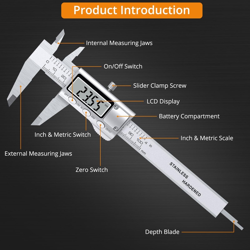 Neoteck 4 inch/100mm Digital Caliper, Stainless Steel Electronic Calipers Measuring