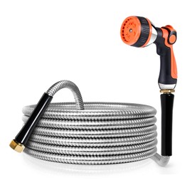 YAMATIC 25FT Stainless Steel Garden Hose with 10 Pattern Spray Nozzle, Heavy Duty Metal Water Hose, Kink-Free, Rust Resistant Hose for Yard, Lawn, RV, Outdoor
