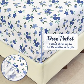 MICORAL Floral Queen Sheet Set, 4-Piece Printed Bed Sheets, 16" Deep Pocket, Ultra Soft & Cooling Sheet, Oeko-TEX Certified, Blue Blossom