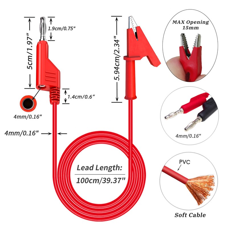 Cleqee 4 mm Stackable Banana Plug to Crocodile Alligator Clips