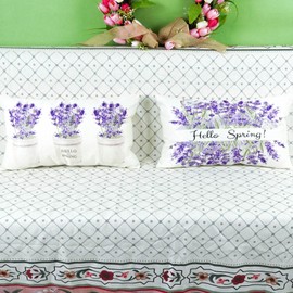 ONWAY Spring Lavender Pillow Covers 12x20 Inch Set of 2 Farmhouse Purple Floral Flowers Decorative Hello Spring Holiday Cushion Cases for Sofa Couch Home Decorations