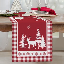 Bonhause Christmas Deer Pine Tree Table Runners for Kitchen Dinning Table Decoration, Red White Buffalo Plaid Winter Table Runner for Indoor Outdoor Home Holiday Party Decor(33 x 183 cm)