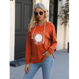 Women Sunflower Graphic Hoodies Long Sleeve Pullover Drawstring Sweatshirt Loose Fit Tunic Tops Z1 Orange X-Large