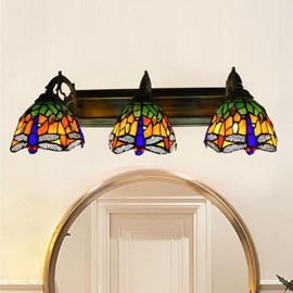 Pinelicorn Retro Dragonfly Wall Sconce Lamp, 3-Light Stained Glass Vanity Light Fixtures with E27 Base, Dragonfly Over Mirror Lampshade for Bathroom Bedroom Living Room Hotel