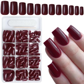 AddFavor 240pcs Burgundy Press on Nails Medium Square Fake Nails, Glossy Acrylic Press on Nails Gel False Nails with Adhesive Stick for women