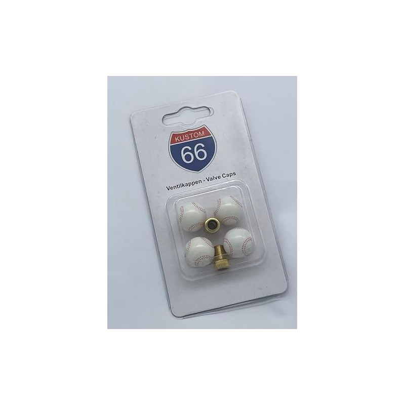 Set of 4 Valve Caps + 2 Bicycle Adapters Baseball