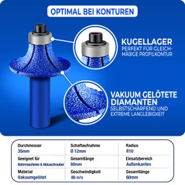 SEDION® Diamant Abrundfräser 35mm x R10 - Meisterhaftes Kantenfräser für höchste Ansprüche - Präzises Abrunden von harten Fliesen, Feinsteinzeug uvm.- Exklusiver Premium Profilfräser Radiusfräser R 10
