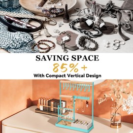 Jewelry Organizer Stand with Velvet Ring Holder, 4 Tier Jewelry Holder Organizer with 15 Hooks Necklace Organizer and Watch Bracket Holder, Jewelry Stand with 17 Holes for Earring Holder, Blue