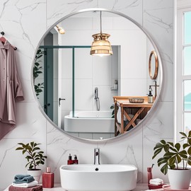 Janboe 30inch Sliver Round Mirror,Aluminum Brush Framed,Wall Mounted Vanity Mirror,5MM Copper Free Mirror