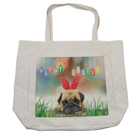 Lunarable Easter Shopping Bag, Happy Easter Celebration Theme with Young Dog Puppy Pug Wearing Bunny Ears, Eco-Friendly Reusable Bag for Groceries Beach and More, 15.5" X 14.5", Cream