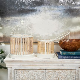 Deco 79 Bamboo Wood Handmade Birdcage with White Metal Accents, Set of 2 19", 15" H, Brown