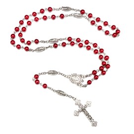 Catholic Red Beads Rosary Necklace With Virgin Mary, Jesus Crucifix, Miraculous Medal - Prayer Gifts for Women (Red)