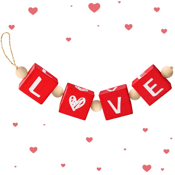 WATINC Valentine Bead Block Garland Tiered Tray Decorations, Happy Valentine’s Day Wooden Bead Hanging Ornament, Sweet Romantic Love Pendant Hang Decor with Rope for Holiday Party Home Tree Wall Table