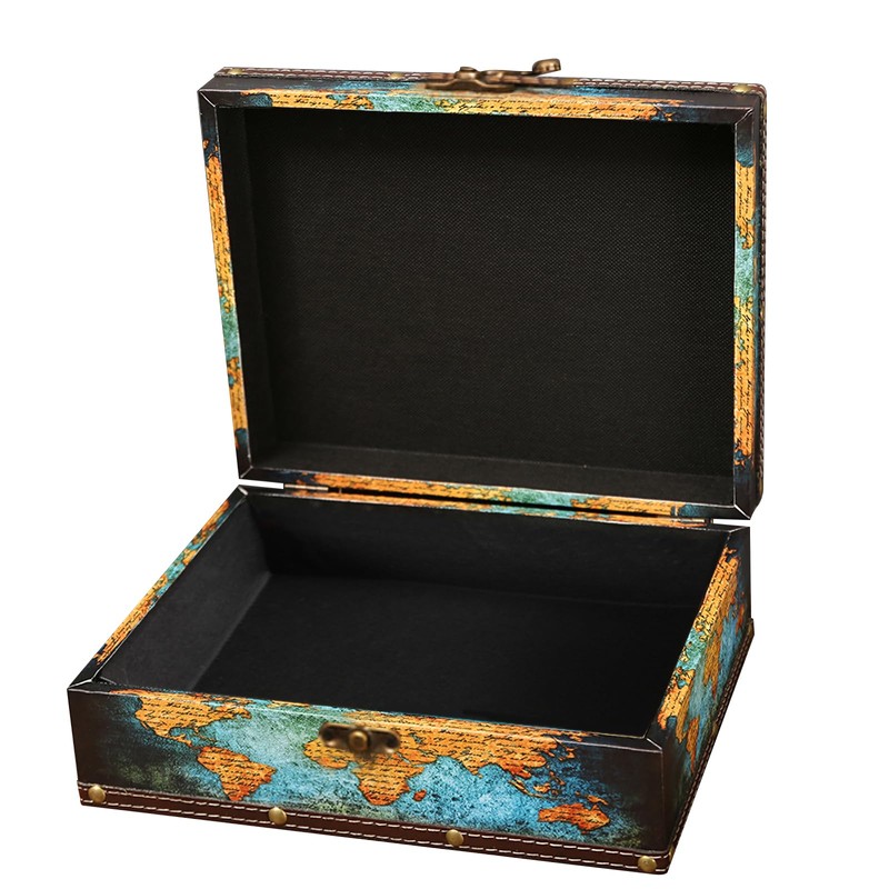 LIKEUDO Wooden Decorative Jewelry Storage Box with Map Pattern Treasure