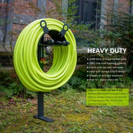 idyllictime Garden Hose Holder Freestanding for Outside With Tool Storage Heavy Duty 2MM Carbon Steel (Deep Grey, carbon steel)